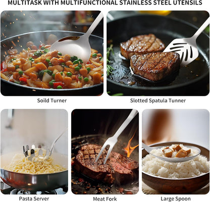 304 Stainless Steel Kitchen Utensil Set - 9Pcs Cooking Utensils, Metal Kitchen Utensil Spatula Sets Cookware,High Temperature Resistance Kitchen Tool Set for Hanging Dishwasher Safe（Silver）5