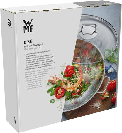 Macao Induction Wok Set, 2 Pieces, Wok Pan 36 Cm with Glass Lid, Polished Cromargan Stainless Steel, Uncoated8