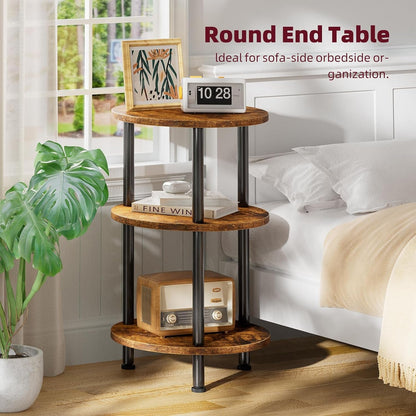 Side Table Living Room, Small round End Table, 3 Tiers Accent Table for Small Spaces, Rustic Brown3