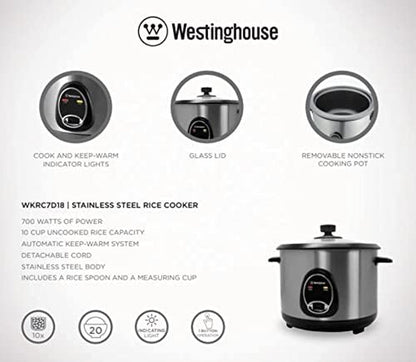 Westinghouse 220 Volt Rice Cooker 10 Cup, Non Stick Cooking Pot, Measuring Cup, Keep Warm Function-Stainless Steel-700W (NOT for USE in USA)5