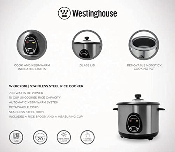 Westinghouse 220 Volt Rice Cooker 10 Cup, Non Stick Cooking Pot, Measuring Cup, Keep Warm Function-Stainless Steel-700W (NOT for USE in USA)5