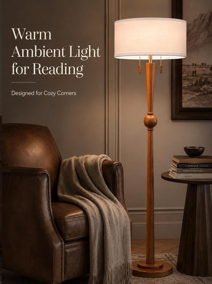 Solid Wood Floor Lamp for Living Room,Pull Chains Standing Lamp | 62.8" Tall,17" White Drum Shade,Sculptural Wood Base & Stem,2-Light Design,Standing Lamp for Bedroom,2 Bulbs Included2