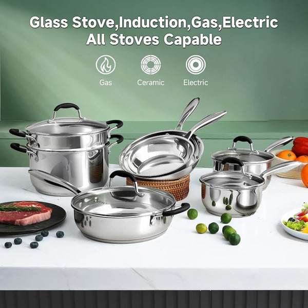 Stainless Steel Kitchen Cookware Set,11 Piece Pots and Pans Set with Steamer,Heat-Resistant Handle,Non-Toxic,Induction,Oven,Dishwasher Safe3