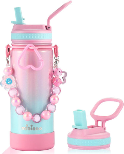 Kids Water Bottle for School - 16 Oz Stainless Steel Insulated Water Bottle with Ceramic-Lined, Leakproof Straw Lid & Beaded Handle for Girls & Boys1