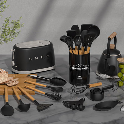 Kitchen Utensils Set- 34PCS Silicone Cooking Utensil with Holder,  Heat Resistant Kitchen Spatula Set for Nonstick Cookware, Black Wooden Handles Kitchen Gadgets Tools Set2