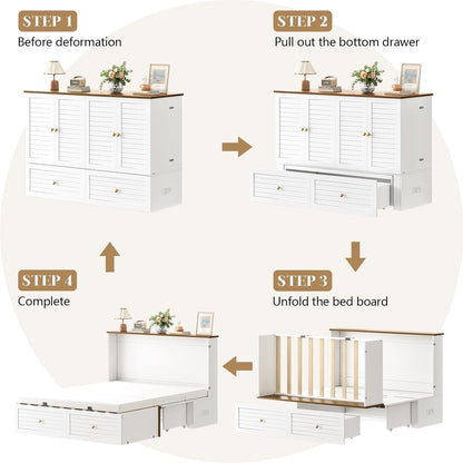 Queen Murphy Bed with Charging Station - Modern Queen Bed Frame with Storage, Foldable Platform Cabinet Beds with Drawer, Wood Hideway Bedframe for Guest & Living Room, Bedroom, Office, White8