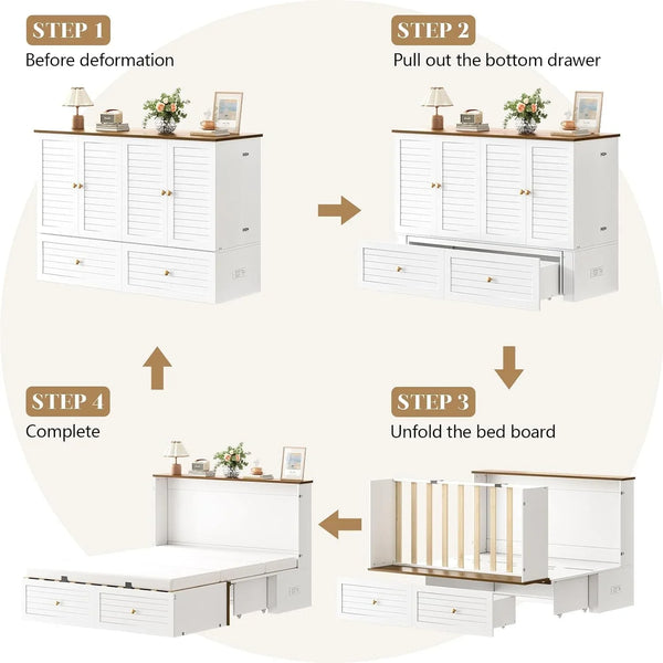 Queen Murphy Bed with Charging Station - Modern Queen Bed Frame with Storage, Foldable Platform Cabinet Beds with Drawer, Wood Hideway Bedframe for Guest & Living Room, Bedroom, Office, White8