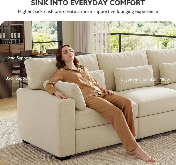 109.1"" Modular Sectional Sofa, L Shaped Cloud Couch with Extra Deep Seat, Comfortable Chenille Couch with Lumbar Pillows, Oversized Modern Sectional Couches for Living Room (Beige)3