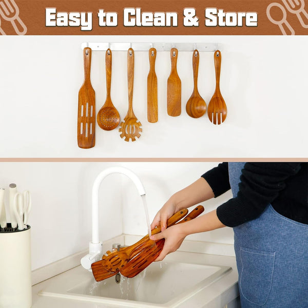 Wooden Spoons for Cooking 11Pcs Natural Acacia Wooden Kitchen Utensil Set, Spatula Spurtles Salad Fork Spoon Set, Non-Stick, Comfortable Grip, as Seen on TV Wooden Cooking Utensils4