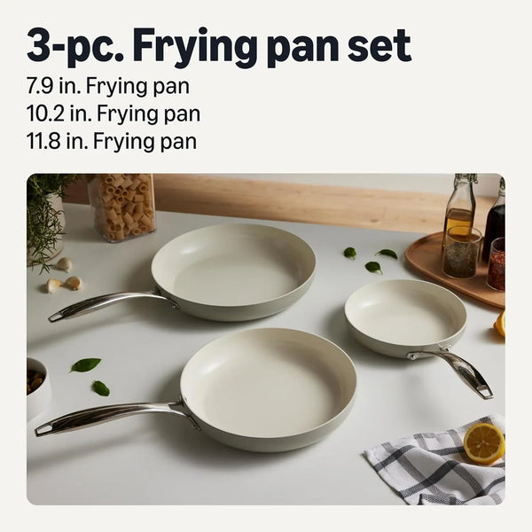Ceramic Nonstick Cookware, 3-Piece Set of Frying Pans, All Cooktop Induction Compatible, Dishwasher-Safe, Oven-Safe, Linen Gray2
