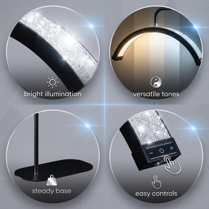 Bling Half Moon Lash Light | Dimmable LED Diamond Esthetician Light for Eyelash Techs - LED Floor Lash Lamp with Adjustable Height, Touch Control & Stable Base | Warm & Cool Tones | Black2