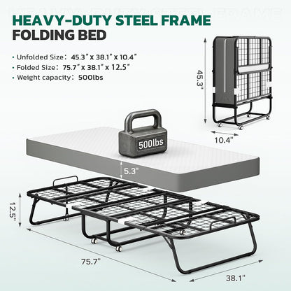 Folding Bed with 5 Inch Mattress, 75” X 38” Portable Rollaway Bed with Memory Mattress and Metal Frame for Adults,Guest, Twin Size,Cot Size3