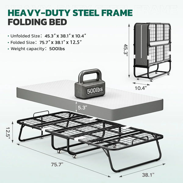 Folding Bed with 5 Inch Mattress, 75” X 38” Portable Rollaway Bed with Memory Mattress and Metal Frame for Adults,Guest, Twin Size,Cot Size3