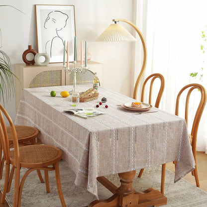 60 X 84 Inches Farmhouse Style Linen Tablecloths, Wrinkle Resistant Washable Dining Room Table Cloths for Rectangle Tables - Hemstitch Light Coffee3
