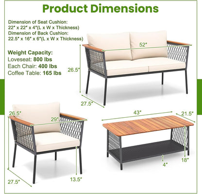 4 Piece Patio Furniture Set, Patiojoy Rattan Chair Set W/ 2-Tier Coffee Table, Acacia Wood Armrests & Tabletop, Soft Seat & Back Cushions, Outdoor Wicker Conversation Set5