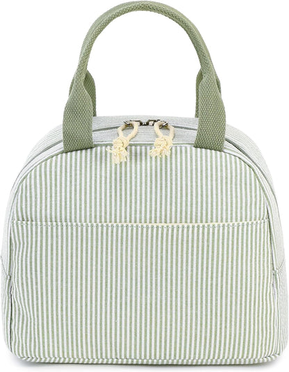 Lunch Box for Women Cute Lunch Bag Reusable Insulated Lunch Bags Large Capacity Lunchbox Cooler for Work Picnic or Travel Gifts (A Sage Green White Stripes, 10 X 7.5 X 8 Inches)8