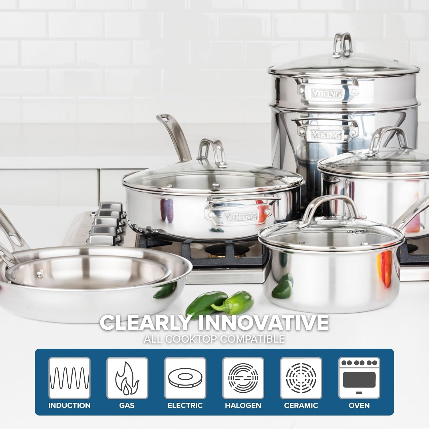 viking-artisan-3-ply-stainless-steel-11-piece-cookware-set-with-vented-glass-lids-fry-pans-saucepans-saute-pan-stock-pot-with-strainer-insert-oven-safe-up-to-600f