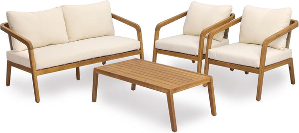 4-Piece Outdoor Patio Furniture Set, Acacia Wood Conversation Set with PE Wicker Backrest & Comfort Cushions for Backyard, Garden & Poolside8