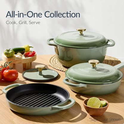 Best Choice Products 6-Piece Cast Iron Cookware Set, Ceramic Coated 6Qt Dutch Oven, 2Qt Skillet W/Lid, 10" Grill Pan W/Press, Non-Toxic, Heavy Duty, Gas/Induction Compatible, PFAS Free - Vanilla3