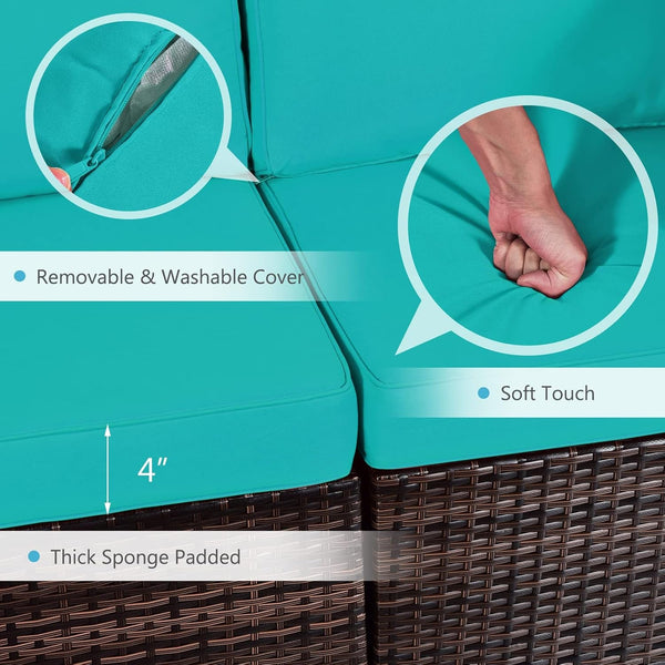 8 Piece Outdoor Wicker Sofa Set, Patio Rattan Conversation Set W/32” Propane Fire Pit Table & Tank Holder, 40,000 BTU Heat Output, Cozy Seat & Back Cushions, Fire Pit PVC Cover (Turquoise)7