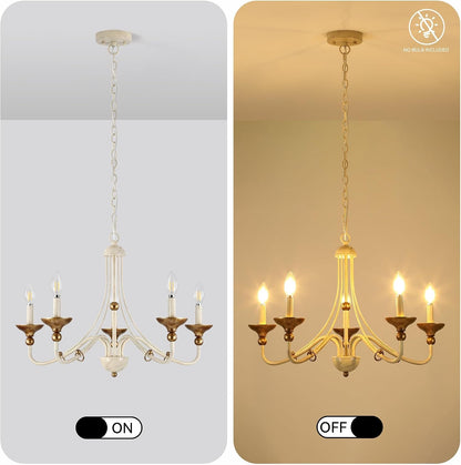 27.1" French Country Chandeliers for Dining Room, 5-Light Farmhouse Candle Chandelier, Rustic Vintage White&Antique Gold Metal Pendant Light Fixture for Kitchen Island Bedroom Living Room Foyer8
