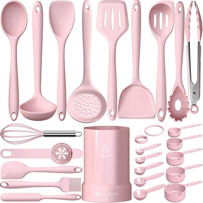 Silicone Cooking Utensils Set- Pink Heat Resistant Kitchen Utensils,  Kitchen Utensil Spatula with Holder, BPA Free Kitchen Gadgets Tools Set for Nonstick Cookware, Dishwasher Safe1