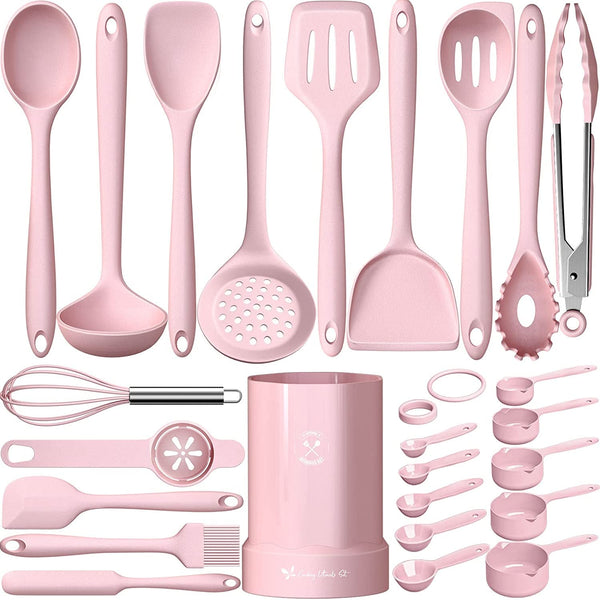 Silicone Cooking Utensils Set- Pink Heat Resistant Kitchen Utensils,  Kitchen Utensil Spatula with Holder, BPA Free Kitchen Gadgets Tools Set for Nonstick Cookware, Dishwasher Safe1