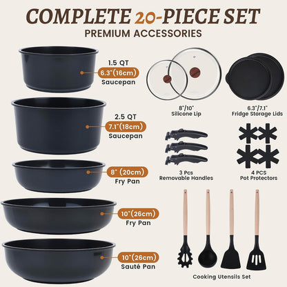 20-Piece Ceramic Nonstick Cookware Set | Detachable Handle, Stackable for RV | Oven & Dishwasher Safe5