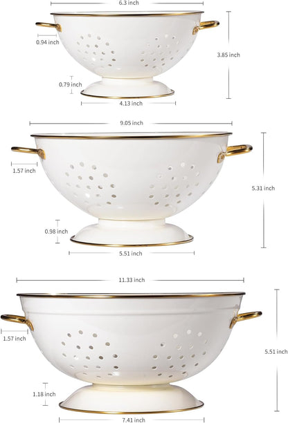 Metal Colander Set of 3, Strainer Basket with Handles Perfect for Spaghetti, Pasta, Berry, Vegetable, Fruit, Solid Base Powder Coated Kitchen Essential Strainer Set, 1 & 3.5 & 5 Qt (Cream)2