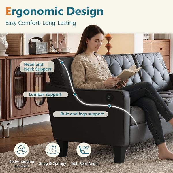 83" Black Faux Leather 3 Seater Couch, Mid Century Tufted Sofa Living Room4