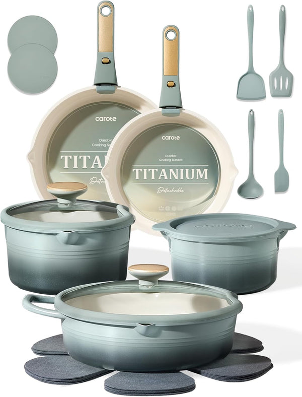20Pcs Titanium Cookware Set, Pots and Pans Set Detachable Handle | Non-Stick, Non-Toxic, PFAS and PFOA Free, Induction Compatible, Dishwasher & Oven Safe, Space Saving, Camping Cooking, Green1