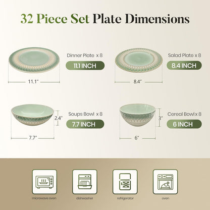 32Pcs Stoneware Embossed Dinnerware Set for 8, Green2