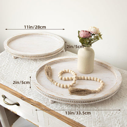 2 Piece Whitewashed Wooden Serving Tray Set with Beaded Design, Farmhouse Centerpiece Table Decorations, round Coffee Table Tray for Living Room Home Decor, Ottoman Tray Decor for Rustic Styles4