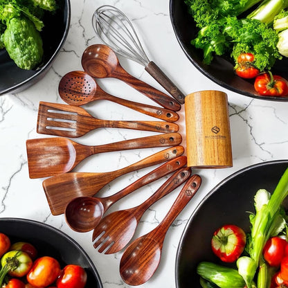 10-Piece Wooden Cooking Utensils – Premium Teak Wood Cooking Set Natural Wood Spoons & Spatulas for Nonstick Cookware – Heat Resistant Kitchen Tools Set, Eco-Friendly Kitchen Tools6