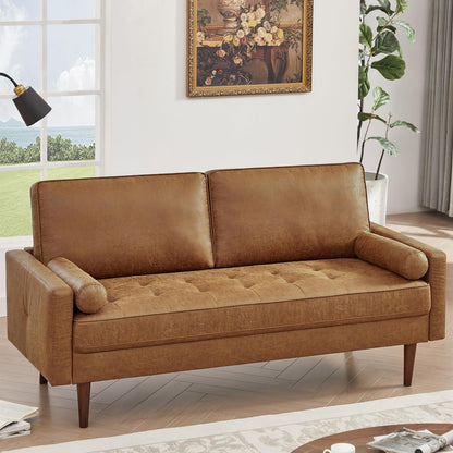 57" Loveseat Sofa Couch, Mid Century Modern Faux Leather Couch, Brown1