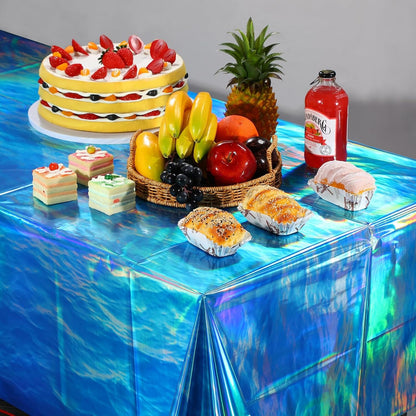 3Pcs 54 X 108 Inch Iridescent Ocean Waves Plastic Tablecloths | Disposable Blue Table Cloth Rectangle Table Covers for under the Sea Beach Pool Party Birthday Party Decorations5