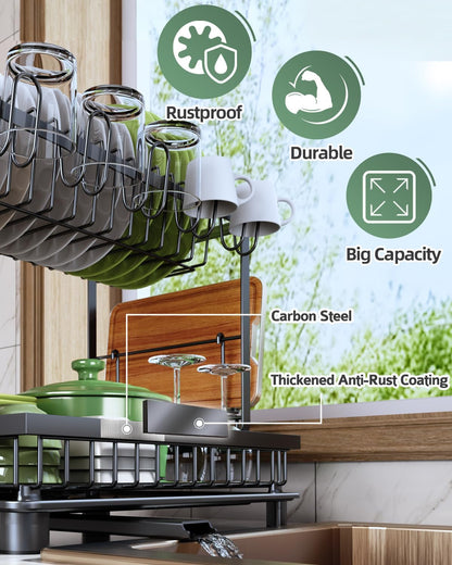 2-Tier Dish Drying Rack for Kitchen Counter, Space-Saving, Black4