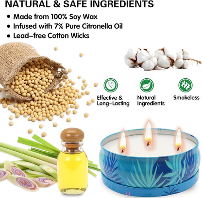 Citronella Candles Outdoor, 12 Oz Large Citronella Candles for Patio 3 Pack, 240-Hour Total Burn Time, Natural Soy Wax Outdoor Candle for Backyard, Deck, Garden, Camping, Summer Parties3