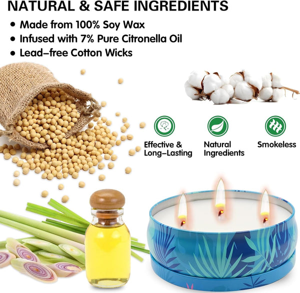 Citronella Candles Outdoor, 12 Oz Large Citronella Candles for Patio 3 Pack, 240-Hour Total Burn Time, Natural Soy Wax Outdoor Candle for Backyard, Deck, Garden, Camping, Summer Parties3