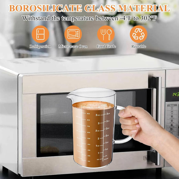 Glass Measuring Cup, 1000 ML (33.8 Oz, 4 Cup) High Borosilicate Glass Measuring Cup with Wood Lid Insulated Handle V-Shaped Spout for Kitchen Restaurant Easy to Read3