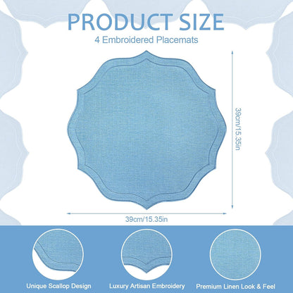 Set of 4 Cotton Linen Placemats, 15X15 round Scalloped Cloth Table Mats, Embroidery Machine Washable, Wrinkle Resistance Fabric Place Mats for Wedding Summer Baby Shower Party Table Decor-Blue2