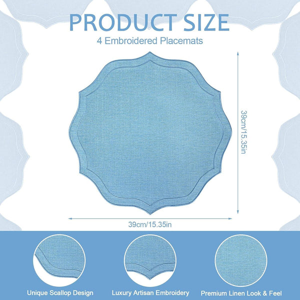 Set of 4 Cotton Linen Placemats, 15X15 round Scalloped Cloth Table Mats, Embroidery Machine Washable, Wrinkle Resistance Fabric Place Mats for Wedding Summer Baby Shower Party Table Decor-Blue2