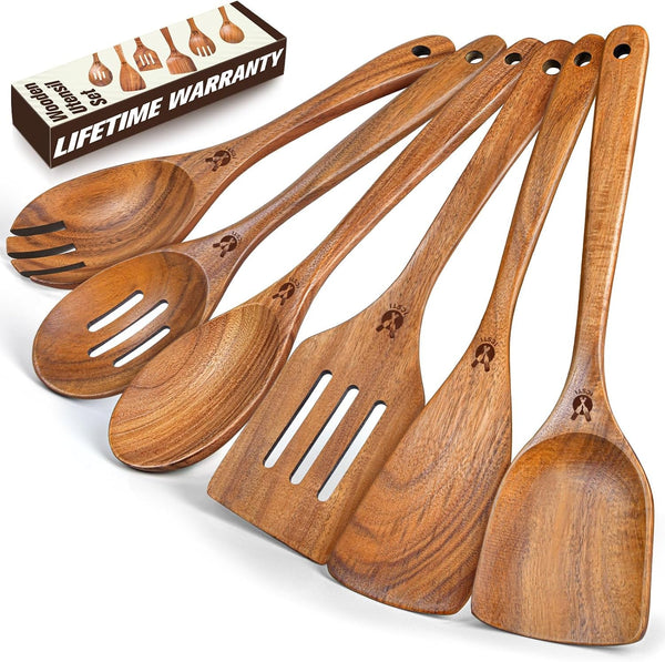 Wooden Spoons for Cooking, 6 Pcs Natural Teak Wooden Kitchen Utensils Set, Cooking Utensils Set with Long & Comfort Grip, Wooden Spoons Spatula Set Perfect for Non-Stick Cookware1