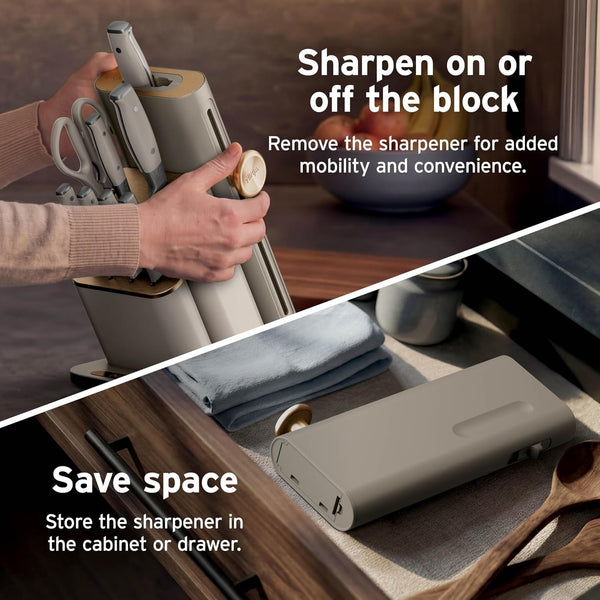 Ninja® Neverdull® 10-Pc German Steel Knife Set, Stone Gold, NK32010SD1 | Stays Razor-Sharp 10+ Years. Premium German Steel. Removable Sharpener Stores in a Drawer Saving up to 35% More Counter Space3