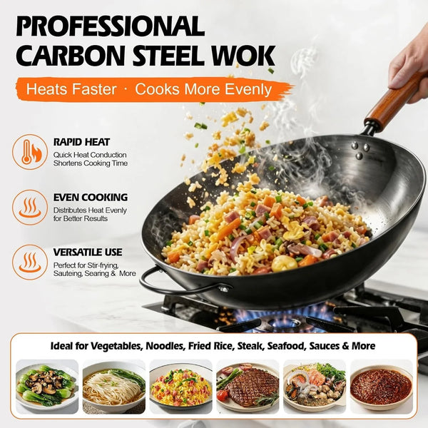 13In Carbon Steel Wok Pan with Glass Lid, Pre-Seasoned Flat Bottom Wok | Wok for Gas Electric Induction Cooktops,Naturally Seasoned Stir Fry Pan with Wooden Handle for BBQ Camping Everyday Cooking7