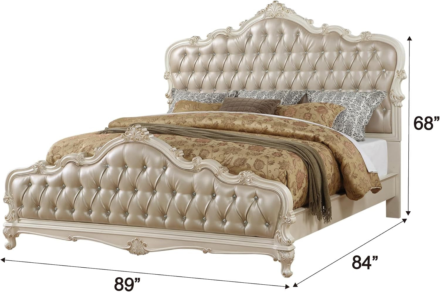 east-king-bed-rose-gold-pu-upholstery-button-tufted-headboard-footboard-4-wood-slats-support-box-spring-required-easy-assembly-pearl-white-finish