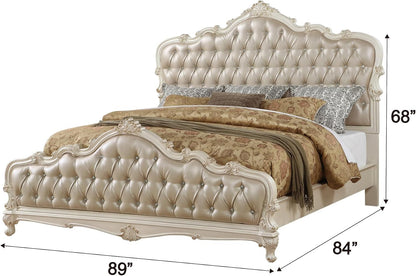 East King Bed Rose Gold PU Upholstery Button Tufted Headboard & Footboard, 4 Wood Slats Support & Box Spring Required, Easy Assembly, Pearl White Finish3