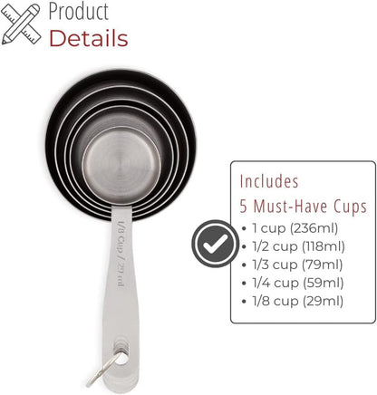 5-Piece Stainless Steel Measuring Cups Set - Heavy Duty Metal Measuring Cups with 1/8 Cup Size - Engraved Imperial & Metric Markings for Dry & Liquid Baking Ingredients, Stackable3