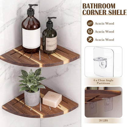 2 Pcs 10'' Acacia Wood Floating Corner Shower Shelf for Bathroom4