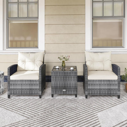 3 Piece Patio Furniture Set, Outdoor PE Rattan Conversation Set with Washable Cushions & Tempered Glass Tabletop, Wicker Chairs and Table Set for Porch, Garden, Balcony (White)7